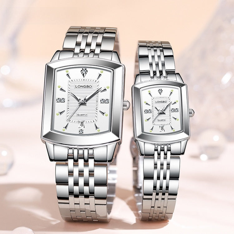 Quartz Watch Unisex With Stainless Steel Strap, Butterfly Double Snap Buckle, Tempered Glass Mirror, Pointer Display