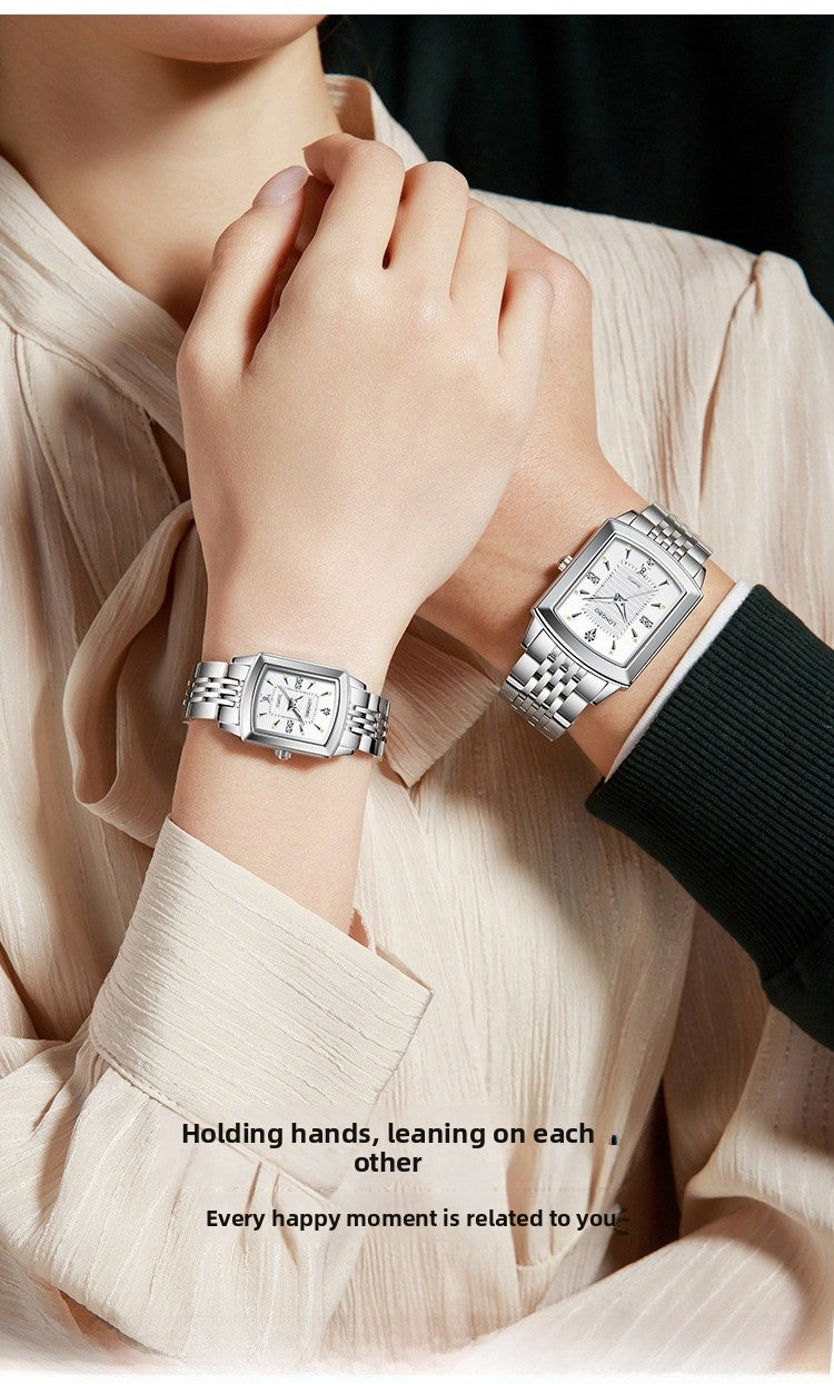 Quartz Watch Unisex With Stainless Steel Strap, Butterfly Double Snap Buckle, Tempered Glass Mirror, Pointer Display