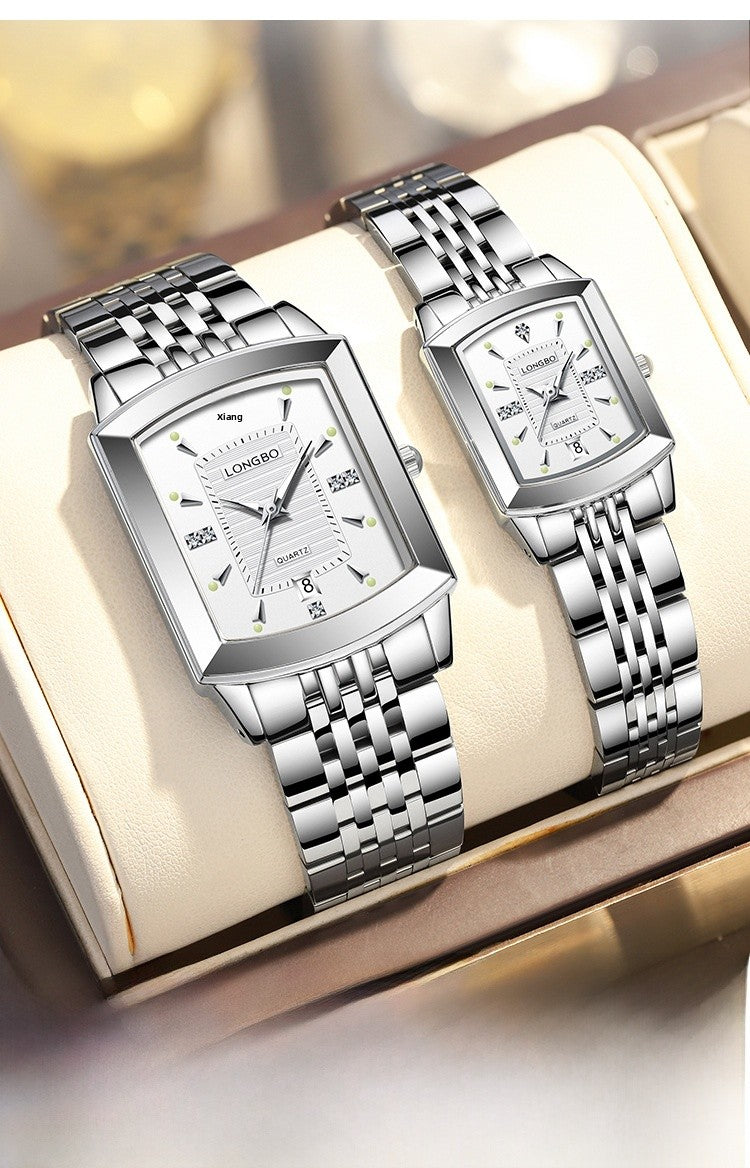 Quartz Watch Unisex With Stainless Steel Strap, Butterfly Double Snap Buckle, Tempered Glass Mirror, Pointer Display