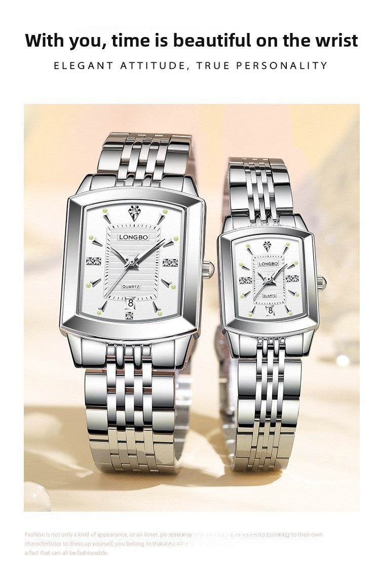 Quartz Watch Unisex With Stainless Steel Strap, Butterfly Double Snap Buckle, Tempered Glass Mirror, Pointer Display
