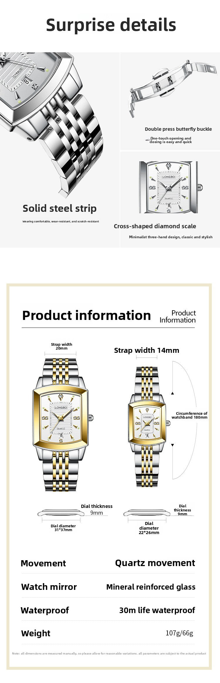 Quartz Watch Unisex With Stainless Steel Strap, Butterfly Double Snap Buckle, Tempered Glass Mirror, Pointer Display