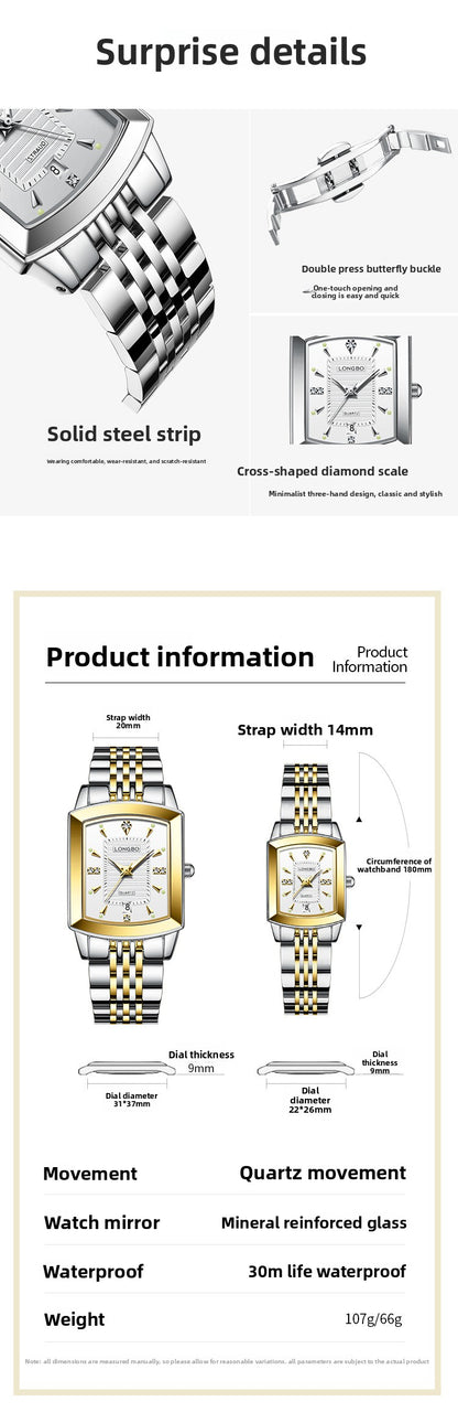 Quartz Watch Unisex With Stainless Steel Strap, Butterfly Double Snap Buckle, Tempered Glass Mirror, Pointer Display