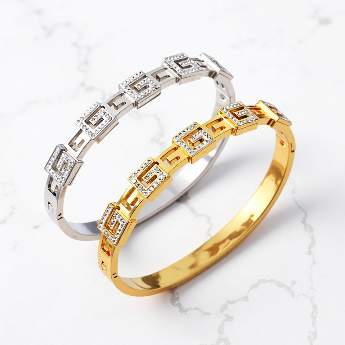 Polished Geometric Bangle For Women Made Of 304 Stainless Steel With 18K Real Gold Plating And Rhinestone Inlay