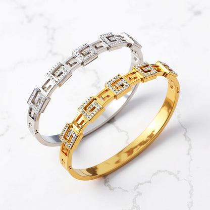 Polished Geometric Bangle For Women Made Of 304 Stainless Steel With 18K Real Gold Plating And Rhinestone Inlay