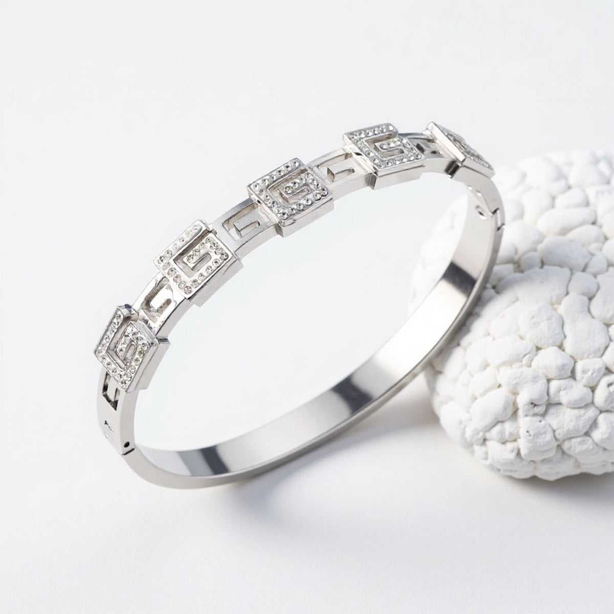 Polished Geometric Bangle For Women Made Of 304 Stainless Steel With 18K Real Gold Plating And Rhinestone Inlay