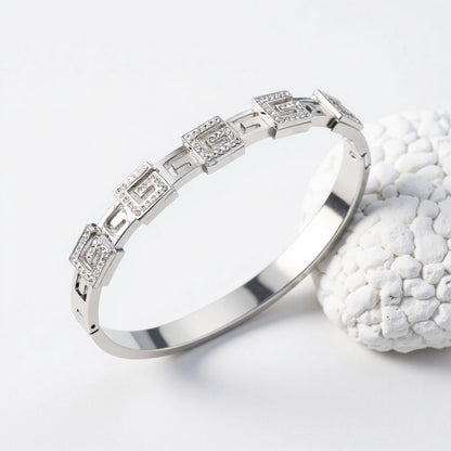 Polished Geometric Bangle For Women Made Of 304 Stainless Steel With 18K Real Gold Plating And Rhinestone Inlay