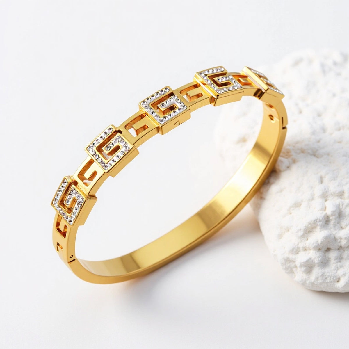 Polished Geometric Bangle For Women Made Of 304 Stainless Steel With 18K Real Gold Plating And Rhinestone Inlay