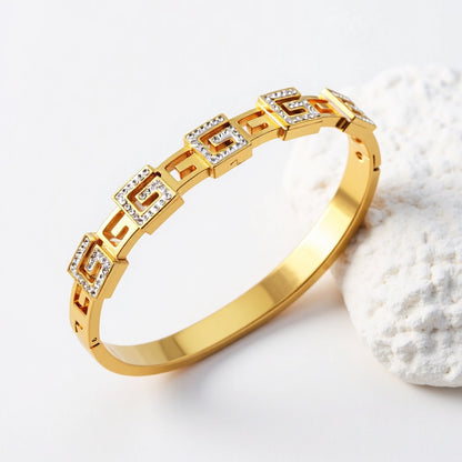 Polished Geometric Bangle For Women Made Of 304 Stainless Steel With 18K Real Gold Plating And Rhinestone Inlay