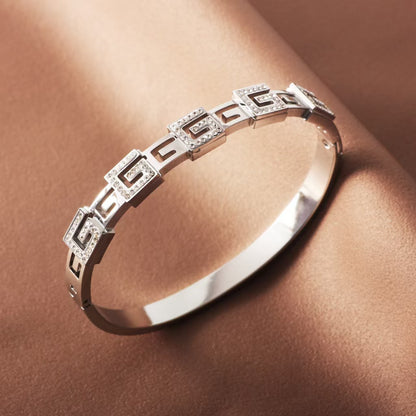Polished Geometric Bangle For Women Made Of 304 Stainless Steel With 18K Real Gold Plating And Rhinestone Inlay