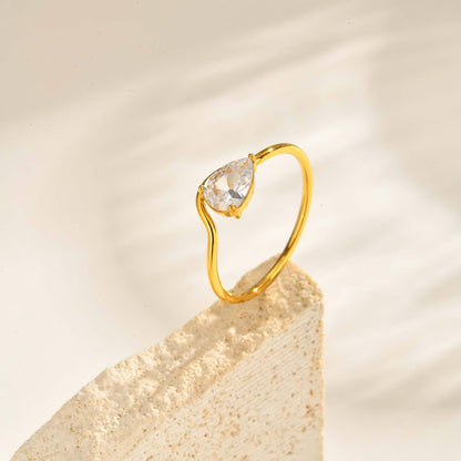 Water Droplets Open Rings For Women In 304 Stainless Steel Featuring Electroplated 18K Real Gold Plated With Rhinestones