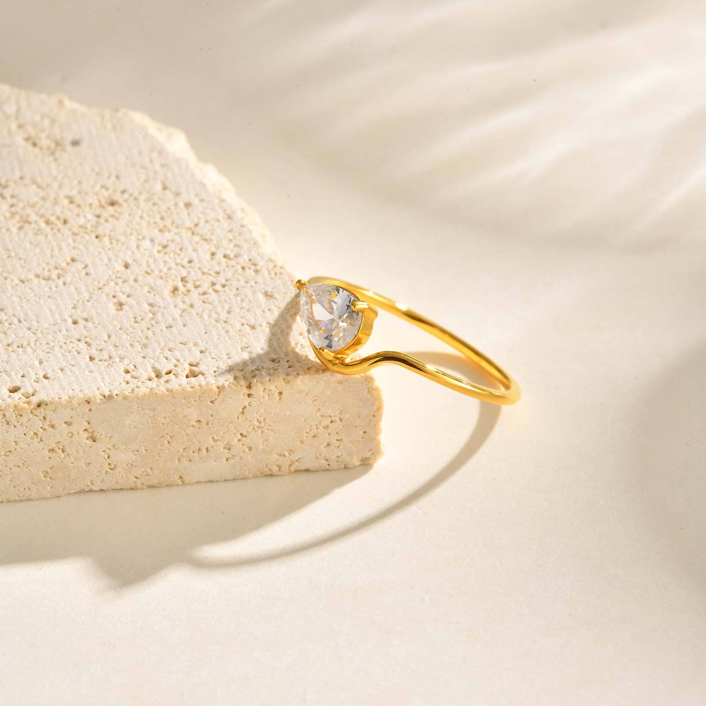 Water Droplets Open Rings For Women In 304 Stainless Steel Featuring Electroplated 18K Real Gold Plated With Rhinestones