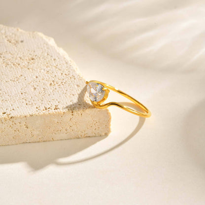 Water Droplets Open Rings For Women In 304 Stainless Steel Featuring Electroplated 18K Real Gold Plated With Rhinestones