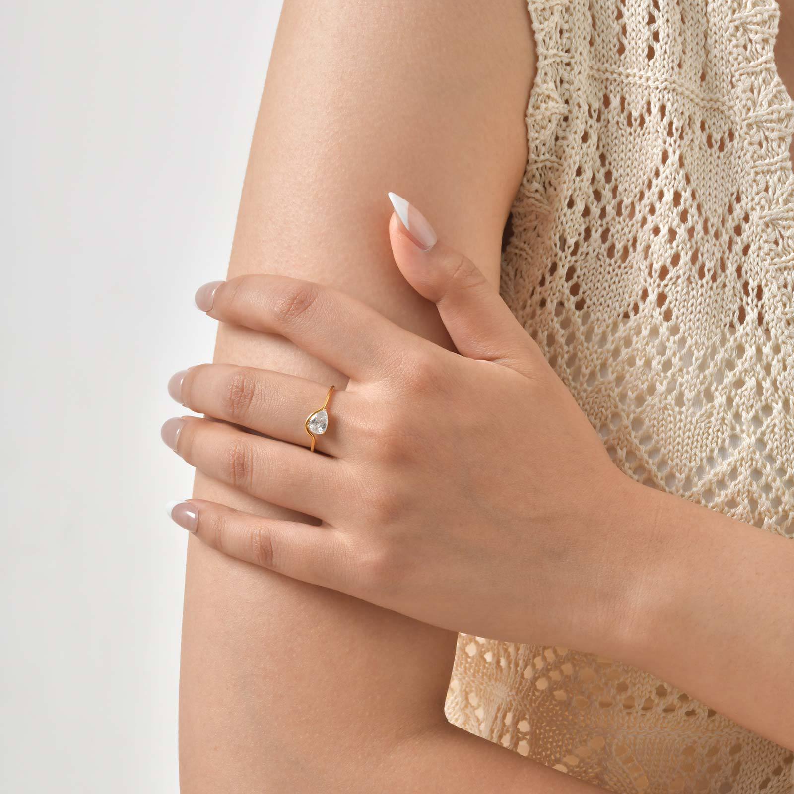 Water Droplets Open Rings For Women In 304 Stainless Steel Featuring Electroplated 18K Real Gold Plated With Rhinestones