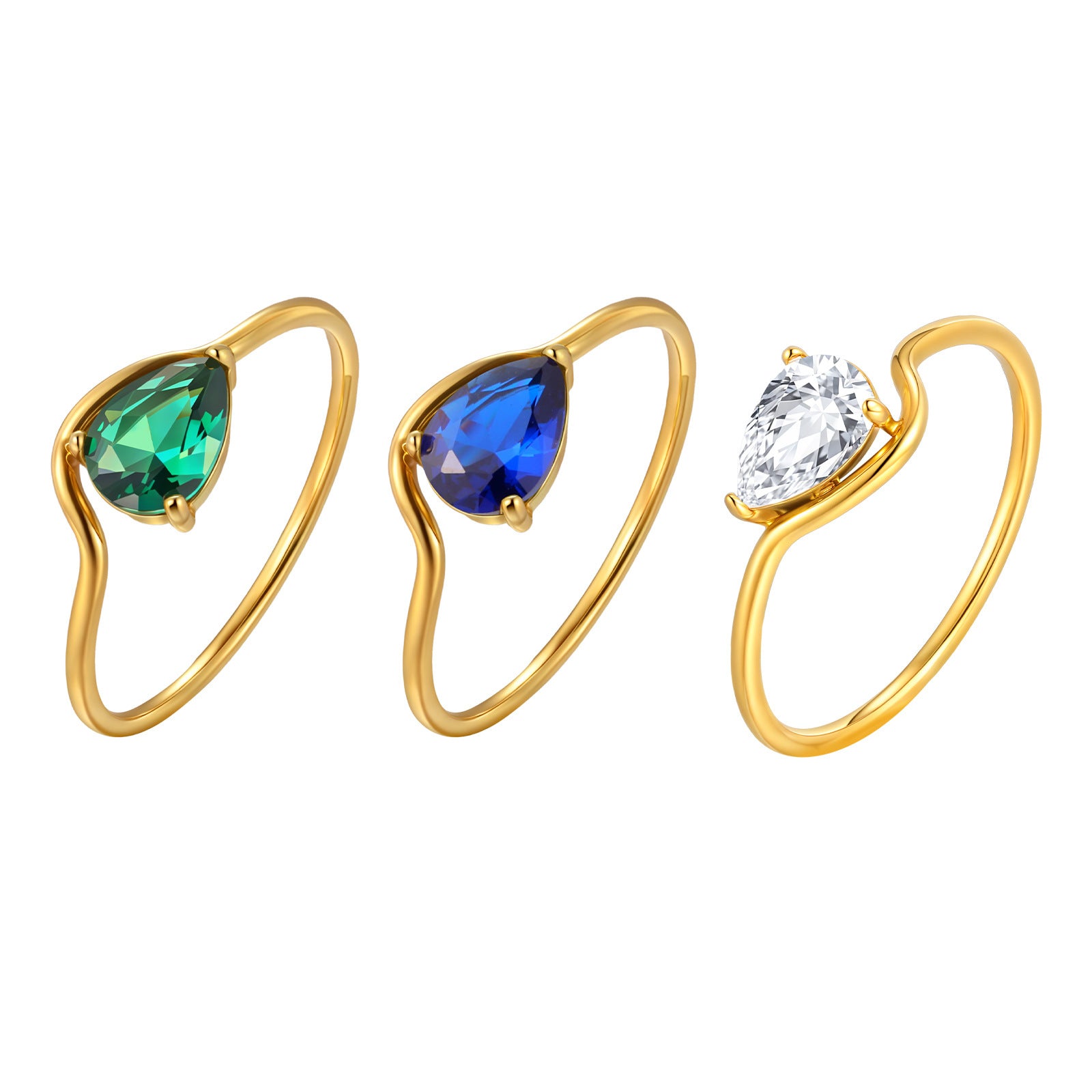 Water Droplets Open Rings For Women In 304 Stainless Steel Featuring Electroplated 18K Real Gold Plated With Rhinestones