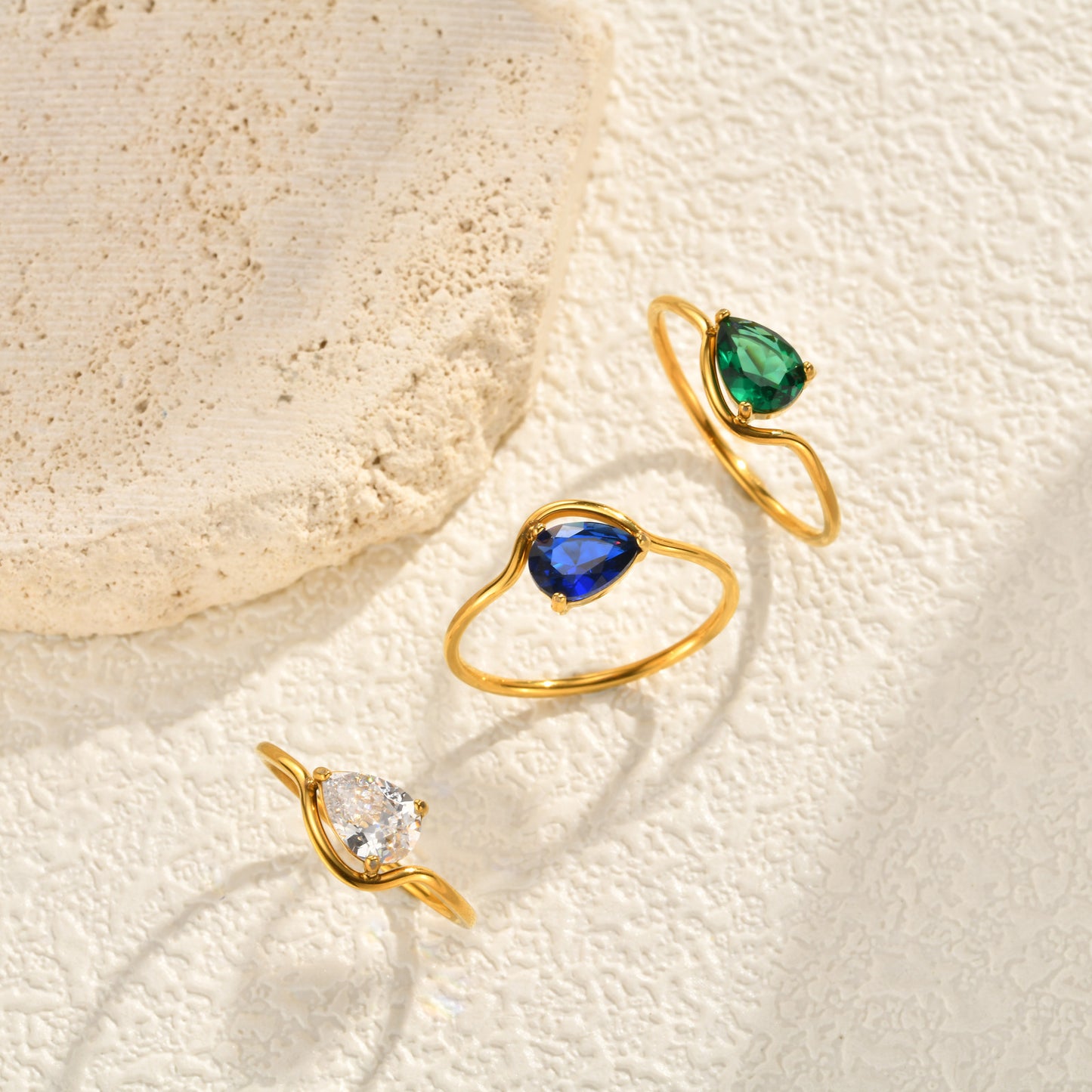 Water Droplets Open Rings For Women In 304 Stainless Steel Featuring Electroplated 18K Real Gold Plated With Rhinestones