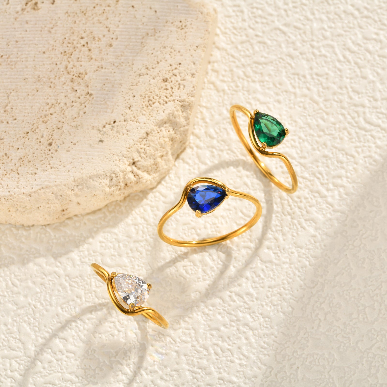 Water Droplets Open Rings For Women In 304 Stainless Steel Featuring Electroplated 18K Real Gold Plated With Rhinestones