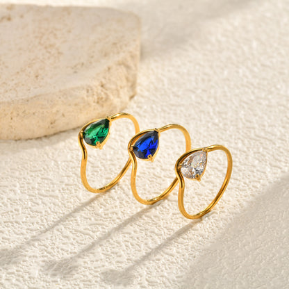 Water Droplets Open Rings For Women In 304 Stainless Steel Featuring Electroplated 18K Real Gold Plated With Rhinestones