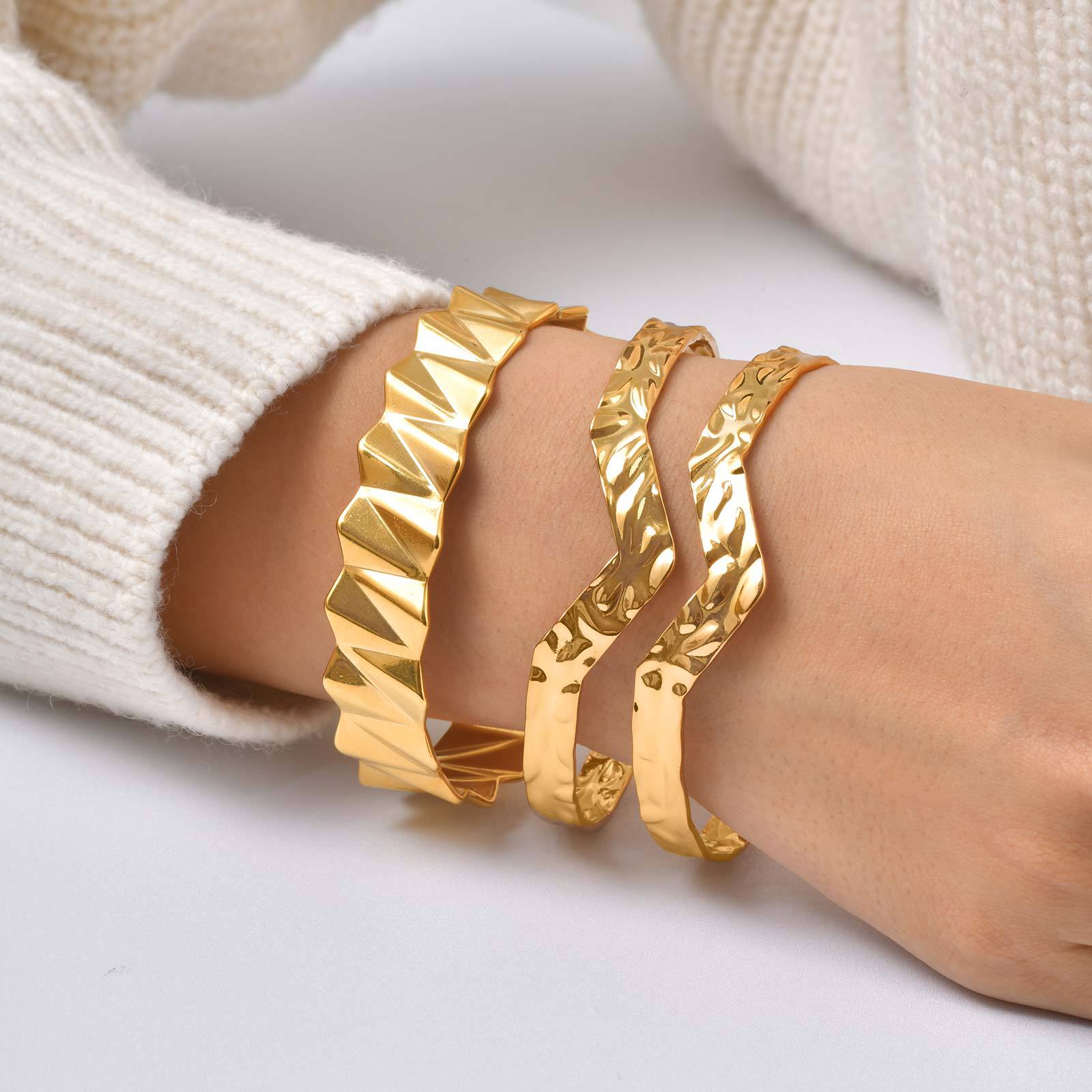 For Women Geometric Bangle Bracelet In 304 Stainless Steel Featuring Electroplated 18K Real Gold Plated Finish With Rhinestones