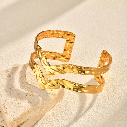 For Women Geometric Bangle Bracelet In 304 Stainless Steel Featuring Electroplated 18K Real Gold Plated Finish With Rhinestones