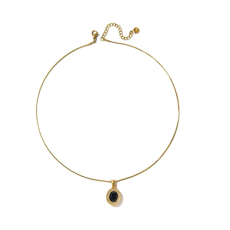 Oval Pendant Necklace For Women In 304 Stainless Steel With 18K Real Gold Plated Finish And Zircon Inlay On Snake Chain