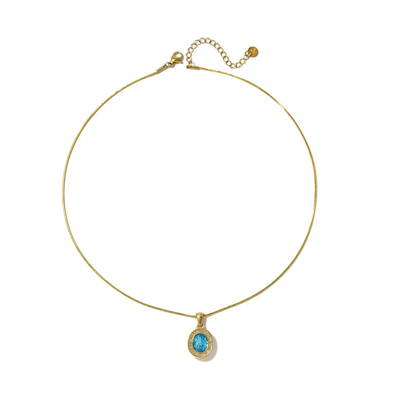 Oval Pendant Necklace For Women In 304 Stainless Steel With 18K Real Gold Plated Finish And Zircon Inlay On Snake Chain
