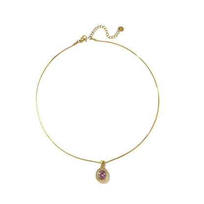Oval Pendant Necklace For Women In 304 Stainless Steel With 18K Real Gold Plated Finish And Zircon Inlay On Snake Chain