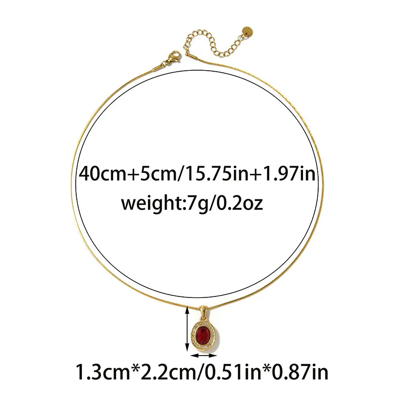 Oval Pendant Necklace For Women In 304 Stainless Steel With 18K Real Gold Plated Finish And Zircon Inlay On Snake Chain