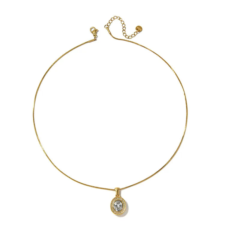 Oval Pendant Necklace For Women In 304 Stainless Steel With 18K Real Gold Plated Finish And Zircon Inlay On Snake Chain
