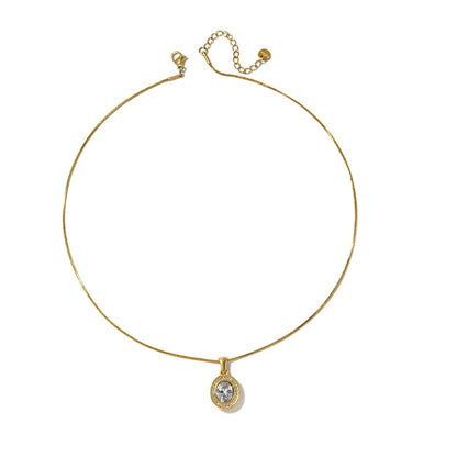 Oval Pendant Necklace For Women In 304 Stainless Steel With 18K Real Gold Plated Finish And Zircon Inlay On Snake Chain