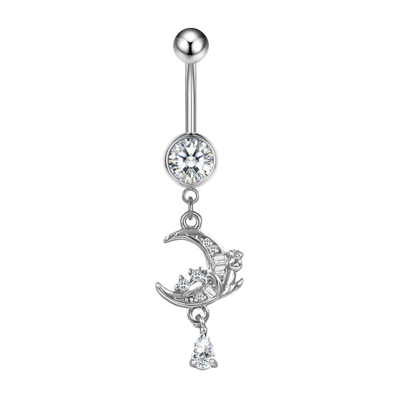 Three-dimensional Moon Copper Belly Ring With Electroplated Platinum Plated Finish And Zircon Inlay