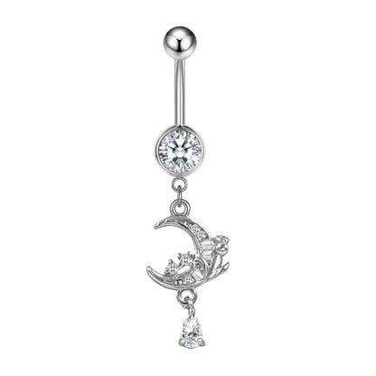 Three-dimensional Moon Copper Belly Ring With Electroplated Platinum Plated Finish And Zircon Inlay