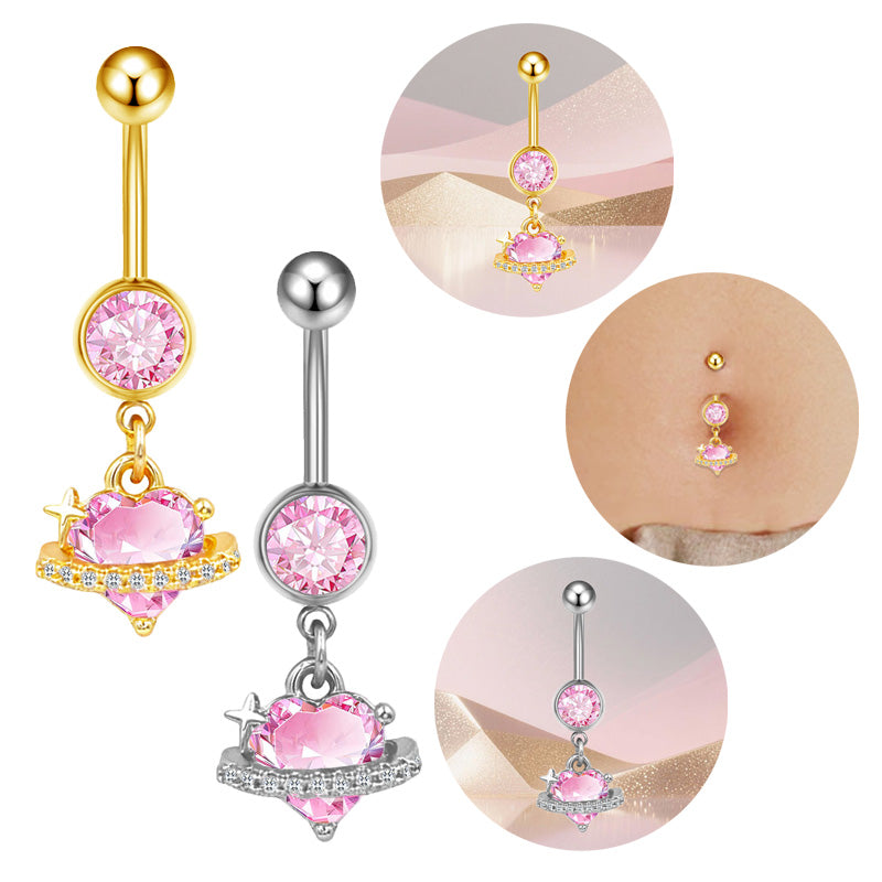 Three-dimensional Moon Copper Belly Ring With Electroplated Platinum Plated Finish And Zircon Inlay