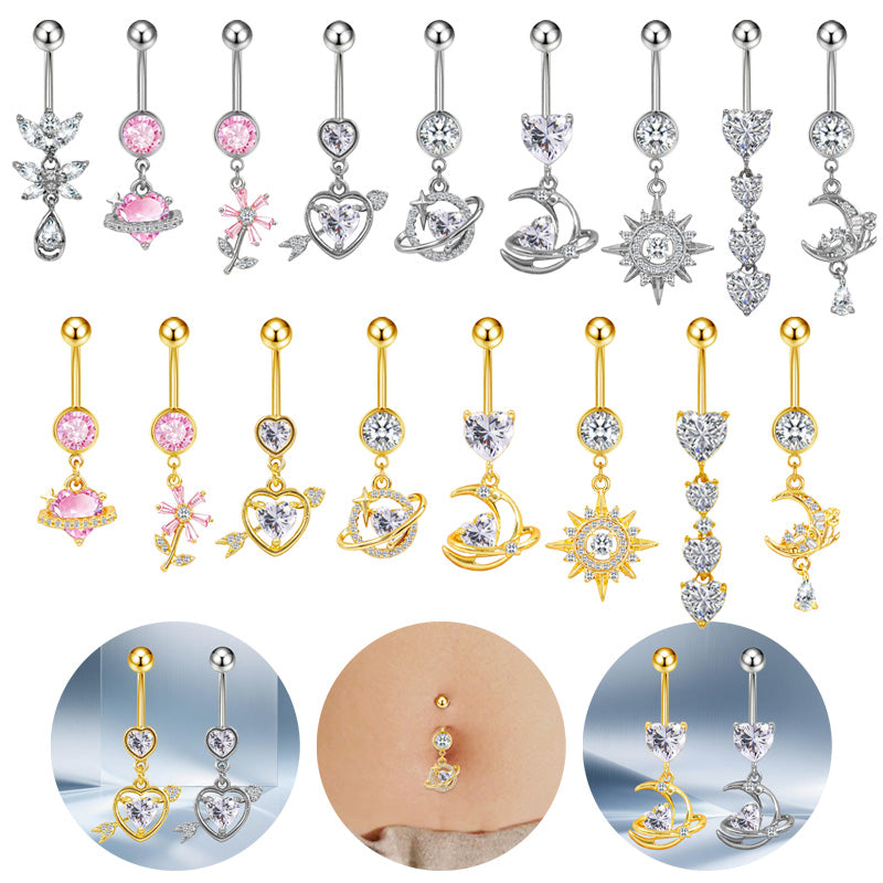 Three-dimensional Moon Copper Belly Ring With Electroplated Platinum Plated Finish And Zircon Inlay