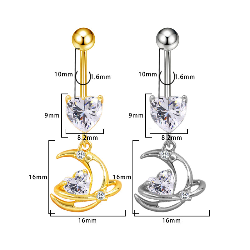 Three-dimensional Moon Copper Belly Ring With Electroplated Platinum Plated Finish And Zircon Inlay
