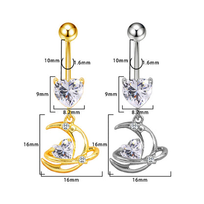 Three-dimensional Moon Copper Belly Ring With Electroplated Platinum Plated Finish And Zircon Inlay