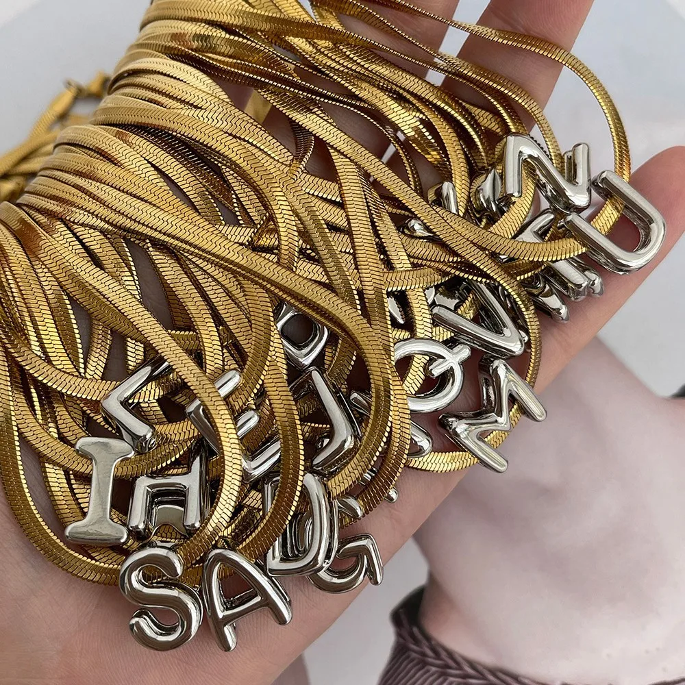 Suitable For 304 Stainless Steel Letter Beaded Necklace With 18k Real Gold Electroplated Snake Chain, Unisex
