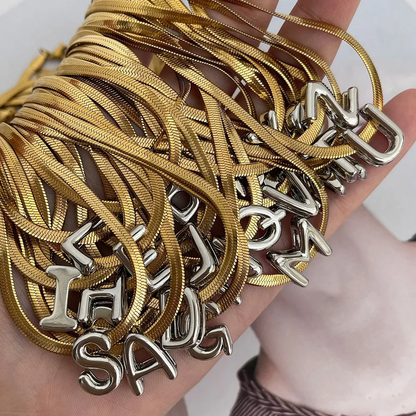 Suitable For 304 Stainless Steel Letter Beaded Necklace With 18k Real Gold Electroplated Snake Chain, Unisex