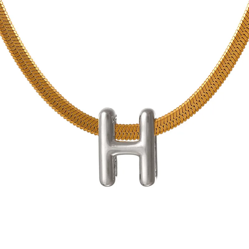 Suitable For 304 Stainless Steel Letter Beaded Necklace With 18k Real Gold Electroplated Snake Chain, Unisex