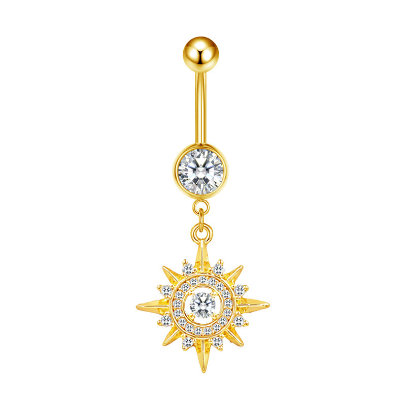 Three-dimensional Moon Copper Belly Ring With Electroplated Platinum Plated Finish And Zircon Inlay