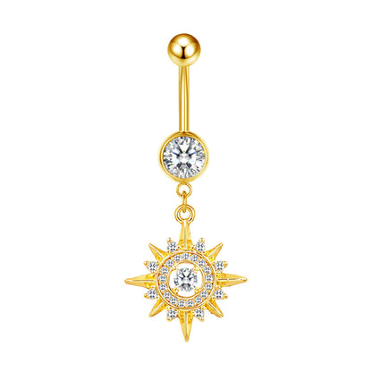Three-dimensional Moon Copper Belly Ring With Electroplated Platinum Plated Finish And Zircon Inlay