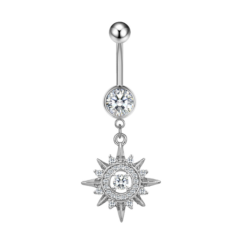 Three-dimensional Moon Copper Belly Ring With Electroplated Platinum Plated Finish And Zircon Inlay