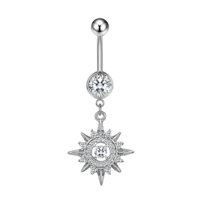 Three-dimensional Moon Copper Belly Ring With Electroplated Platinum Plated Finish And Zircon Inlay