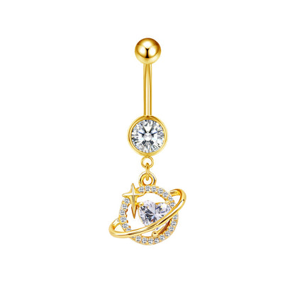 Three-dimensional Moon Copper Belly Ring With Electroplated Platinum Plated Finish And Zircon Inlay
