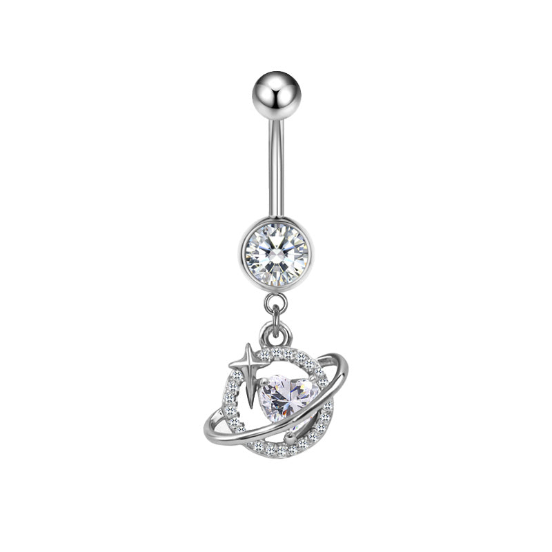 Three-dimensional Moon Copper Belly Ring With Electroplated Platinum Plated Finish And Zircon Inlay