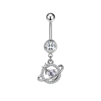 Three-dimensional Moon Copper Belly Ring With Electroplated Platinum Plated Finish And Zircon Inlay