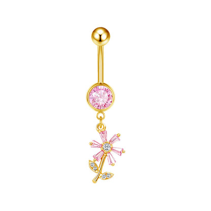 Three-dimensional Moon Copper Belly Ring With Electroplated Platinum Plated Finish And Zircon Inlay