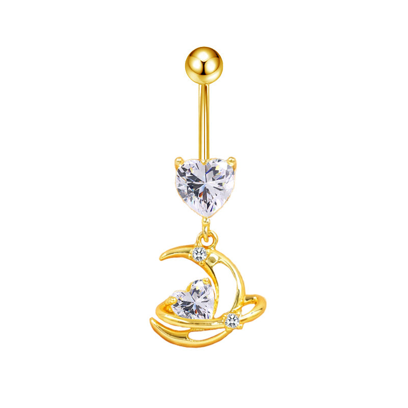 Three-dimensional Moon Copper Belly Ring With Electroplated Platinum Plated Finish And Zircon Inlay