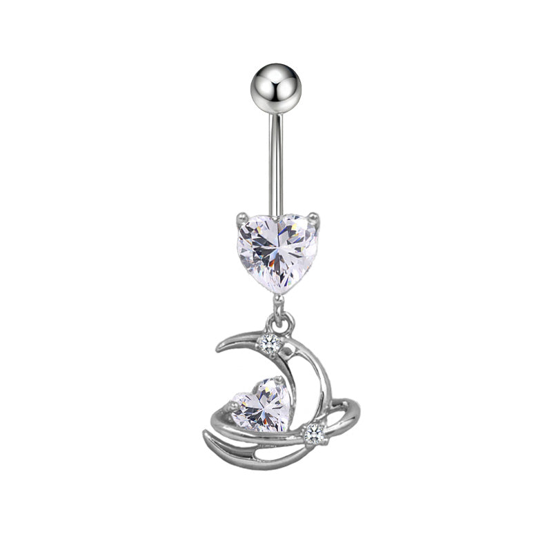 Three-dimensional Moon Copper Belly Ring With Electroplated Platinum Plated Finish And Zircon Inlay