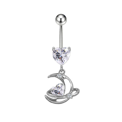 Three-dimensional Moon Copper Belly Ring With Electroplated Platinum Plated Finish And Zircon Inlay