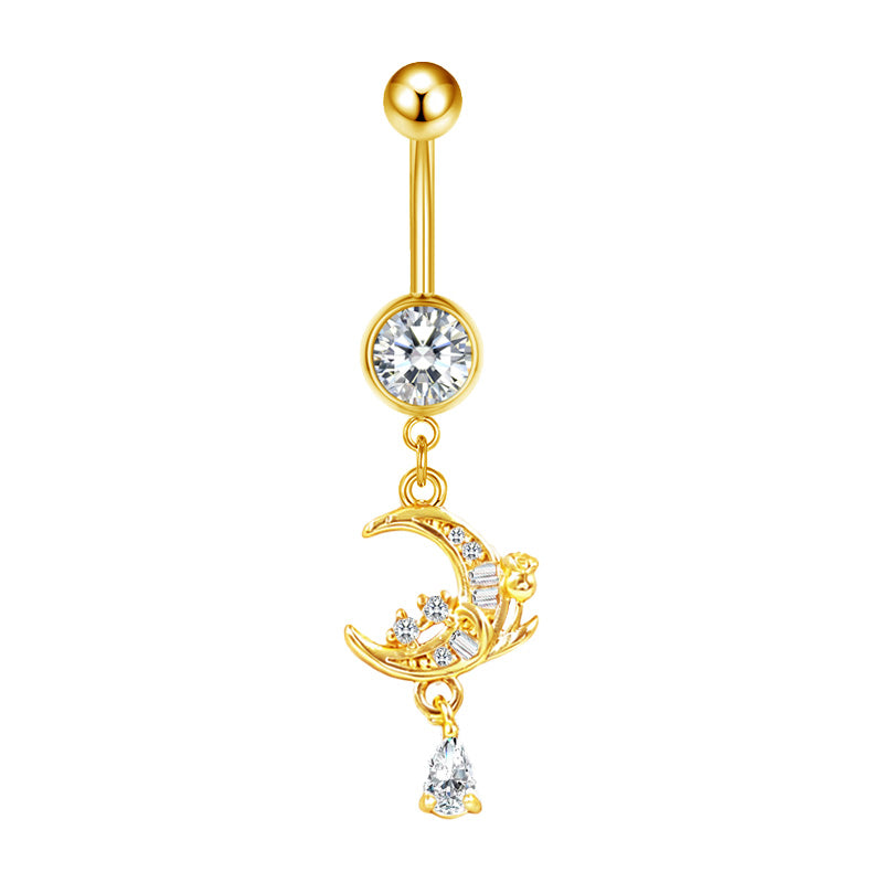 Three-dimensional Moon Copper Belly Ring With Electroplated Platinum Plated Finish And Zircon Inlay